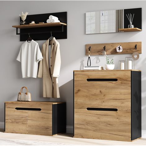 Mueble zapatero modular de entrada con espejo, estante y 4 ganchos, negro y madera DESVIAE (1/5)