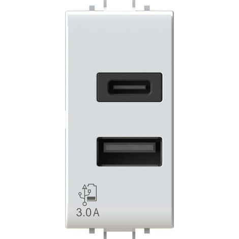 Modulo doppia presa USB 2.0 tipo A e USB 3.1 tipo C, 5Vdc 3A, serie U, bianco, compatibile con serie Gewiss Chorus - 4Box USB CA 20W 4B.G10.USB.30 (1/4)