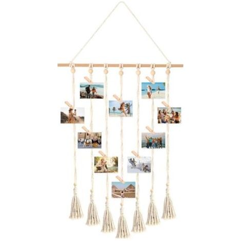 BUNTHAUS Cadre Pele Mele Macramé - Porte-Photo Bohème 30 Clips Bois - Support Suspendu Polaroid Photos Murales (1/5)