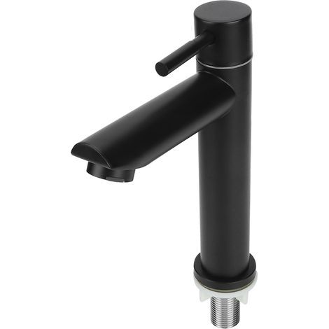 Robinet D'eau, Robinet D'eau D'évier de Cuisine à Poignée Unique en Acier Inoxydable, Robinet D'eau Froide Simple pour Lavabo G1/2in pour Salle de Bain Toilette Noir(Type droit (sans tube)) (1/5)