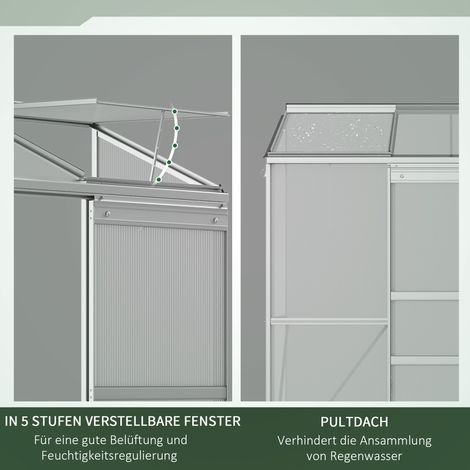 Serre adossée, porte coulissante, fenêtre de toit, polycarbonate+aluminium, couleur argent, 192 x 68 x 196 cm (1/4)