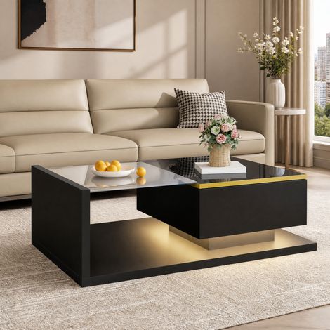 Mesa de centro LED 90 x 50 x 32,5 cm de vidrio templado, 16 colores, negro HAVRYA (1/5)