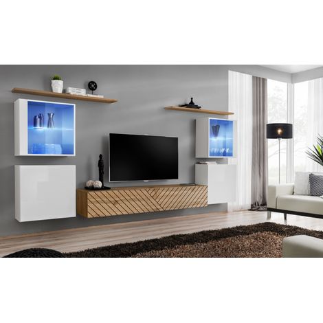 Ensemble de 7 meubles muraux "Switch XIV" pour TV en bois - Beige et Blanc - L 320 x H 160 x P 40 cm - Livraison gratuite