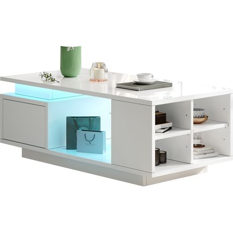 Table basse 100 x 50 x 36 cm avec tiroir, table d’appoint haute brillance avec LED, table de salon avec 4 compartiments latéraux et design ajouré central,Blanc