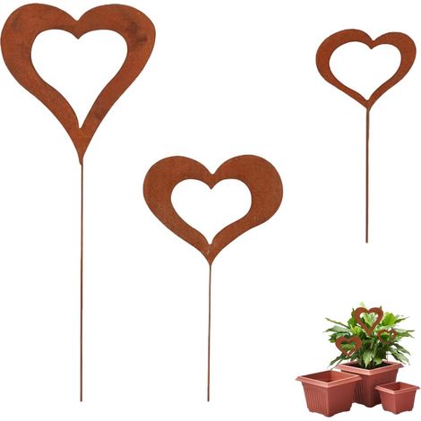 Lot de 3 Piquets Jardin Coeur Métal Rouillé Décoration Extérieur Parterre Terrasse Balcon (1/5)