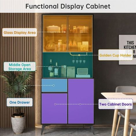 Vitrine meuble de rangement à rangement polyvalent corps en mdf éléments en verre éclairage led intégré finition noir et blanc