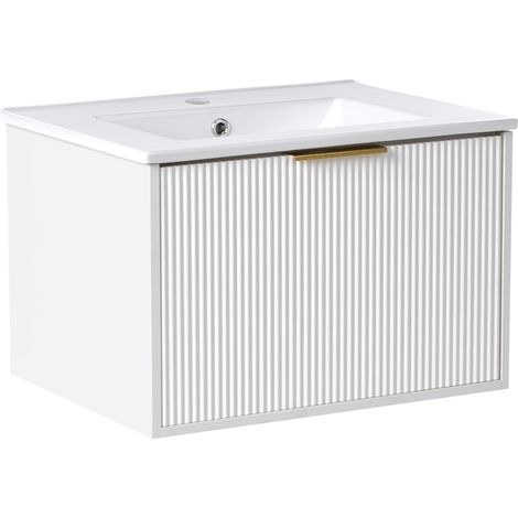 Mueble de baño suspendido con lavabo de madera sintética almacenaje 60 cm blanco con tirador dorado TILCARA