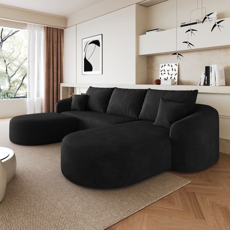 Divano angolare a 3 posti con pouf, curvato a destra, in tessuto ciniglia, compresso, non richiede montaggio, schiuma ad alta densità, 266x168x85 cm, nero