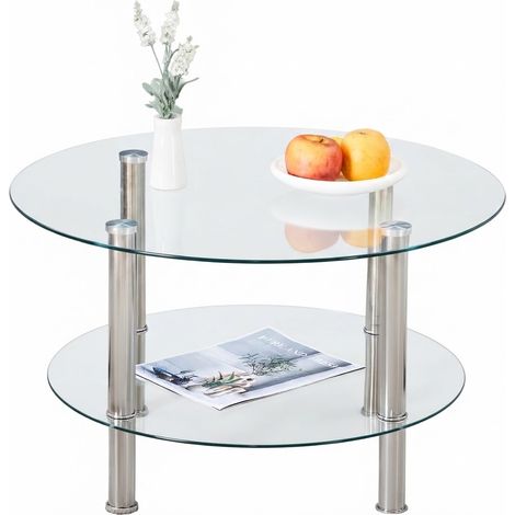 ELVMI Couchtisch mit 2 runden Glasplatten aus Gehärtetem Glas und Metallbeinen für Wohnzimmer, 70×42 cm, Silber Transparent (1/5)