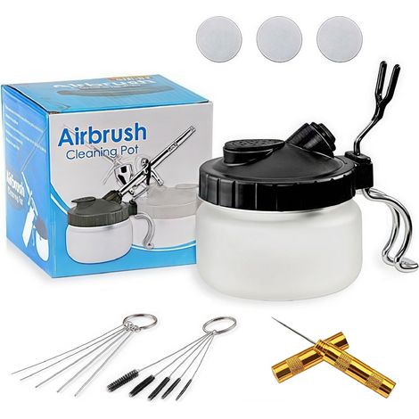 Kit de Nettoyage pour Aérographe Apstour,Set di Pulizia per Aerografo,Aérographe Pistolet Lavage Nettoyage Outils,Pot de Nettoyage en Verre avec Support,5 Brosses,5 Pics et 1 Aiguille Lavage (1/5)