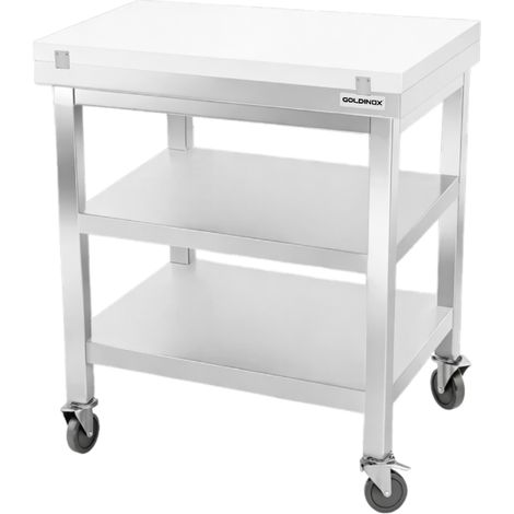 Table de travail en inox 600x600 mm avec plaque de découpe blanche et 2 étagères sur roulettes PREMIUM - GOLDINOX (1/4)