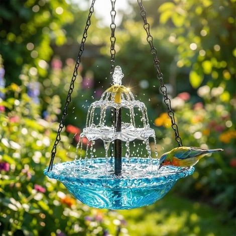 Fontaine solaire pour oiseaux, abreuvoir suspendu avec cascade, pompe solaire attire colibris, bleu, pour jardin (1/5)