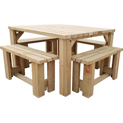 120cm x 115cm Picnic table and 4x benches set , natural (light-green), Quadrum square corners (1/2)