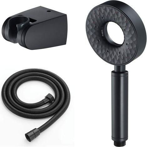 Hochdruck-Duschkopf mit 3 Funktionen, Anti-Kalk-Funktion, wassersparend, inklusive 1,5 m langem Brauseschlauch und Halterung, ABS, rund, schwarz