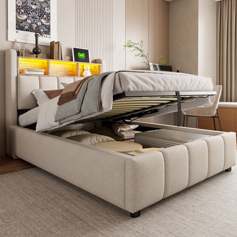 Cama tapizada 90x200 cm beige de lino con LED, USB y almacenaje hidráulico (1/5)