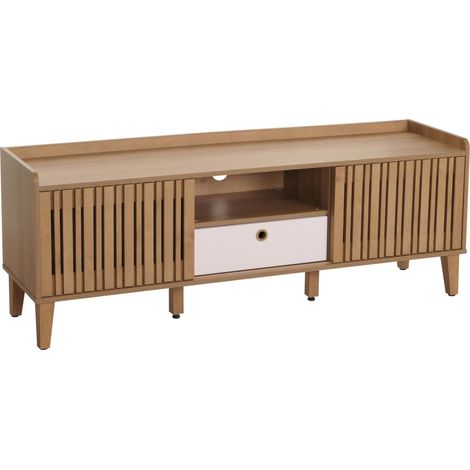 Rack TV HWC-M48, Buffet bas Armoire TV, porte coulissante en bois massif de manguier 56x150x40cm - naturel, tiroir blanc