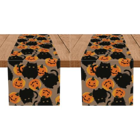 Camino de mesa de Halloween con gato negro y calabazas, decoración de temporada para cocina y comedor, 33 x 183 cm (2 piezas) (1/4)