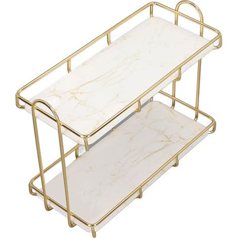 Étagère de salle de bain à 2 niveaux, étagère sur pied avec séparation, support de rangement pour cosmétiques, couleur or, petit format 31 x 23 cm
