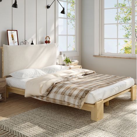 REDOM - Letto matrimoniale 140x200 cm, testiera imbottita con chiusura in velcro, base a doghe stabile, gambe larghe, legno, tessuto, naturale (materasso non incluso) (1/5)