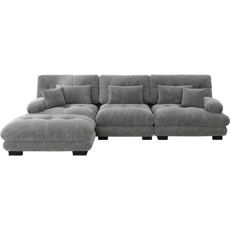 Divano angolare modulare L grande in chenille grigio con ottomana (1/5)