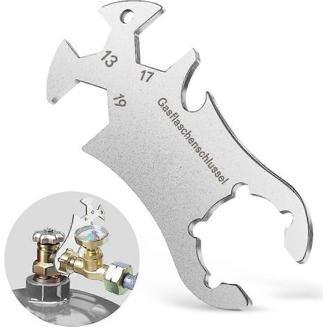 Clé multifonction pour bouteille de gaz en acier inoxydable avec détendeur et ouvre-bouteille intégré. Idéale pour une utilisation en extérieur. Diamètre : 6,14 mm. (1/5)