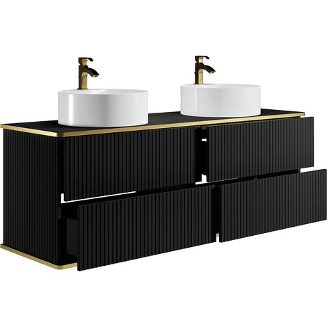 Meuble de salle de bain suspendu strié liseré doré avec double vasque à poser ronde et 4 tiroirs - Noir - 150 cm - KELIZA (1/4)
