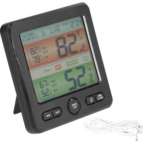 Thermomètre hygromètre numérique TS-6211 noir, grand écran digital pour température et humidité intérieure, horloge électronique avec affichage large. (1/5)