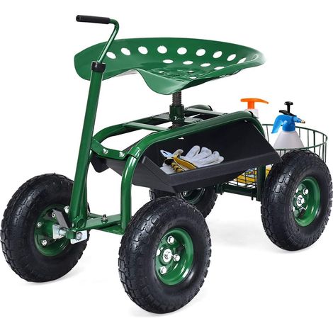 COSTWAY Siège de Jardin Roulant avec Poignée Extensible, Chariot Jardinage avec Siège Rotative 2 Plateaux à Outils Panier de Rangement 4 Roues en Caoutchouc (96,5 x 47,5 x 47-55 cm)