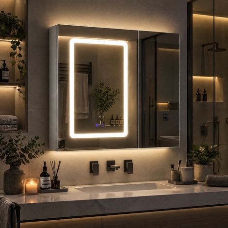 JOOKGBD–Badezimmerschrank mit LED-Spiegel,Anti-Beschlag,3 Lichttemperaturen & dimmbar,Touch-Bedienung,Steckdose,Verstellbare Einlegeböden,Metal,70x60cm