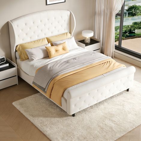 Cama para adultos 140x200 cm, cama matrimoniales, cama tapizada, con cabecero capitoné con alas, base de láminas incluida, terciopelo beige (1/5)