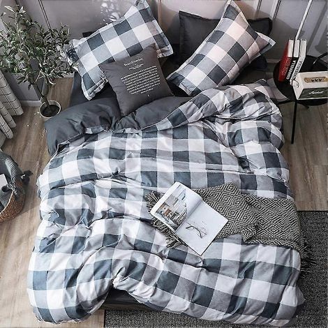Parure de lit Queen Size à carreaux/grille réversible, luxueuse et douce, comprenant une housse de couette et deux taies d'oreiller, gris clair. (1/5)