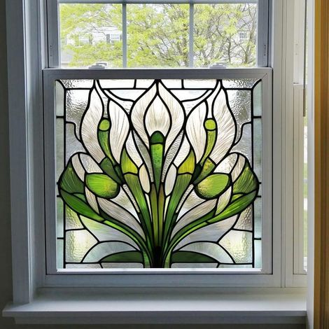 Lámina para ventanas sin adhesivo, estilo Art Nouveau, efecto vidriera arcoíris, adhesivo electrostático para ventanas, vinilo removible, verde (1/5)