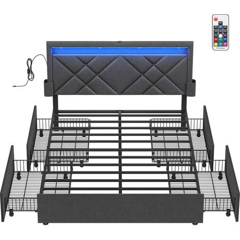 Vasagle – Lit double 140 x 190 cm – Métal avec 4 tiroirs et multiprise – Tête de lit rembourrée ajustable – Éclairage LED intégré – Charge max 500 kg