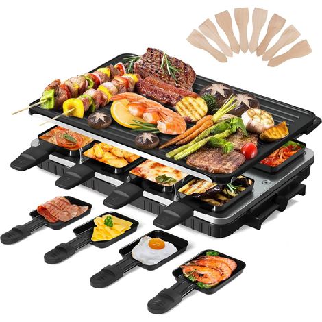 Appareil à Raclette 8 Personnes, Grill de Table 2 en 1, 1300 W  Plaque réversible antiadhésive, 8 coupelles avec 8 spatules en bois, plaque compatible lave-vaisselle (1/5)