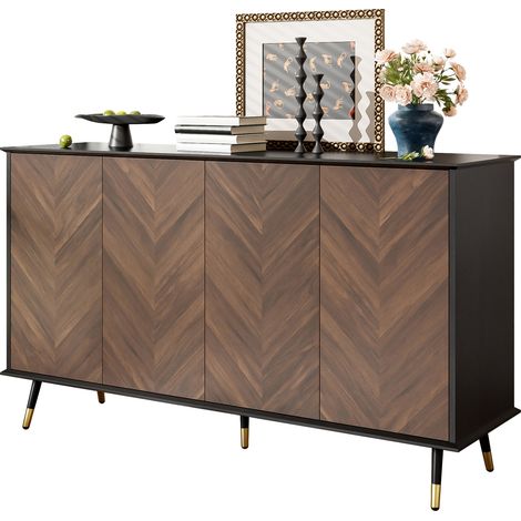 Buffet de rangement design motif chevrons, 4 portes, étagères réglables, MDF noir et pieds métal doré, pour salon, salle à manger, entrée  CHICFURN (1/5)