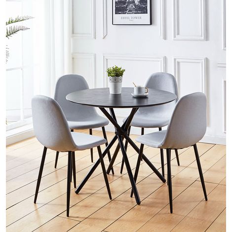 Hallowood Furniture Cullompton Small Round Dining Table and Chairs Set 4, Black Wooden Effect Top Table with 4 Chairs in Grey Fabric, Stylish Dining Room Sets for Home and Café Spaces