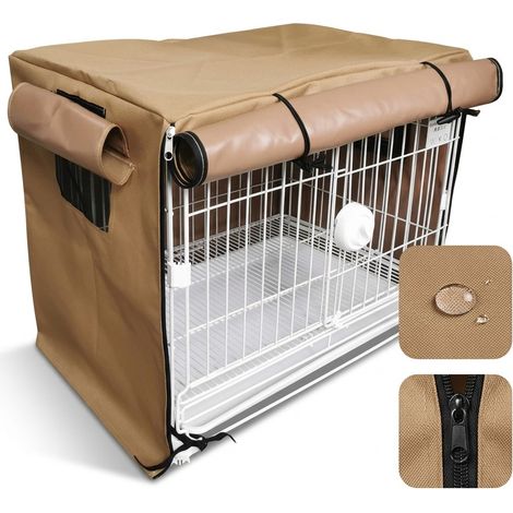 Housse de cage pour chien en Oxford impermeable et resistant, finition beige, protection contre le froid, la pluie et le soleil, coupe la lumiere pour le repos, ouverture a rouler et fixation velcro,  (1/5)
