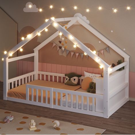 Lit simple 90x190 enfant cabane avec étagères blanc HAVRYA (1/5)