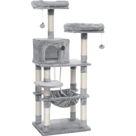Feandrea – Arbre à chat 143 cm – 11 poteaux à griffer – 2 plateformes – 1 niche – 1 hamac – Tissu peluche – Dispositif anti-basculement