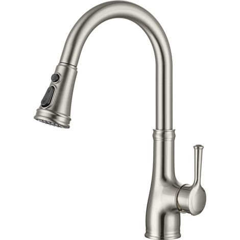Robinet cuisine, Mitigeur Cuisine avec Douchette Extractible, Pivotant à 360°, Robinet d’évier à arc élevé avec pulvérisateur escamotable 3 modes, Acier Inoxydable Brossé (1/5)