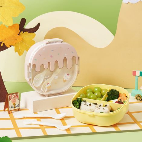 Bento-Lunchbox für Kinder und Erwachsene, 3 Fächer, Kunststoff, niedliche Behälter für Eis, Snacks, Gabel und Löffel, für Schule, Arbeit, Reisen, Rosa (1/5)