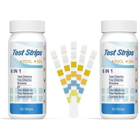 SABIR 6-in-1 Pool-Brom-Spa-Teststreifen, pH-Pool-Teststreifen zur Wasserqualitätsmessung (Chlor, Brom, Alkalinität, Cyanursäure, Wasserhärte) - Universaltester (100 Stück) (1/5)