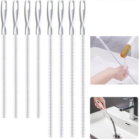 Set mit 8 flexiblen Abflussreinigungsbürsten – 45 cm und 60 cm – Weiß – Abflussreinigungsbürsten für Waschbecken und Badezimmer – Edelstahl und Nylon (1/5)
