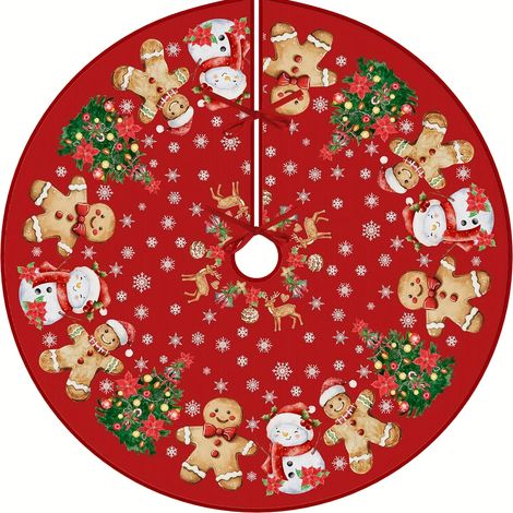 Jupon pour Sapin de Noël 90 cm, Décoration de Noël Hivernale, Motifs Pain d’Épices, Cerf, Bonhomme de Neige et Flocons (1/5)
