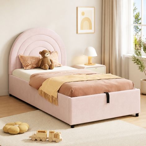 Kinderbett 90x200 cm Rosa aus Samt mit hydraulischem Stauraum und gepolstertem Kopfteil (1/5)