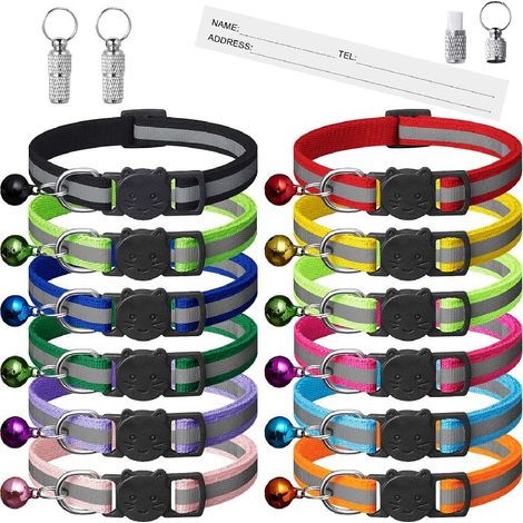 Collier pour chat avec clochette - 12 pièces, colliers réfléchissants de couleurs mélangées pour chats ou petits chiens, nylon souple, tour de cou de 7,8 à 13 pouces (1/4)