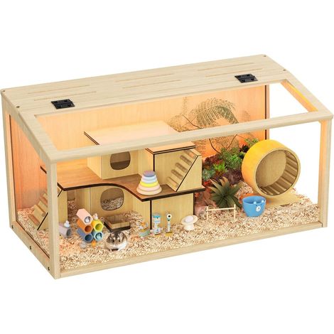Gabbia per roditori gabbia per criceti piccoli animali, in legno + vetro temperato con Luce 60cm