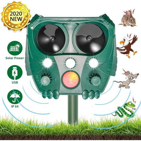 Solar Ultraschall Tiervertreiber Katzenvertreiber Marderabwehr mit Bewegungsmelder und Blitz für Katzen Rehe Ratten Hunde Vögel