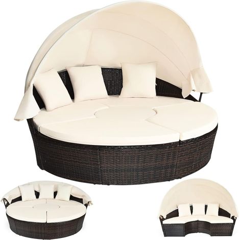 COSTWAY Lit de Jardin Rond en Rotin PE avec Auvent Rétractable, Ensemble de Chaises Sièges Séparés Charge 180KG Coussins Amovibles et Table Basse Réglable en Hauteur 34-55 CM, Beige (1/5)