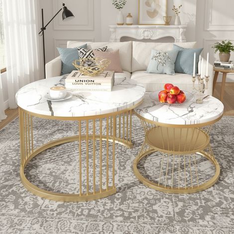 Tables Basses Gigognes Rondes, Lot de 2, empilables, coussinets pour pieds, motif marbre brillant, matériau MDF, espace de rangement ouvert - Blanc (1/5)